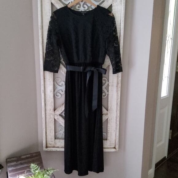 Ellen Weaver Women's Lace Top Overlay Ribbon Belt Maxi Dress in Black - Picture 6 of 14